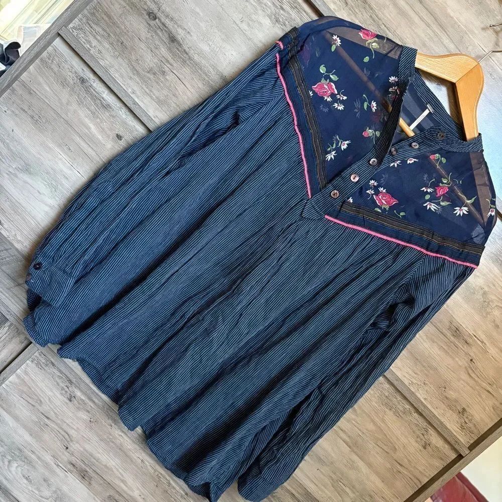 Free People Hearts & Colors Navy Striped Blouse Sheer Floral Shoulders Boho Chic